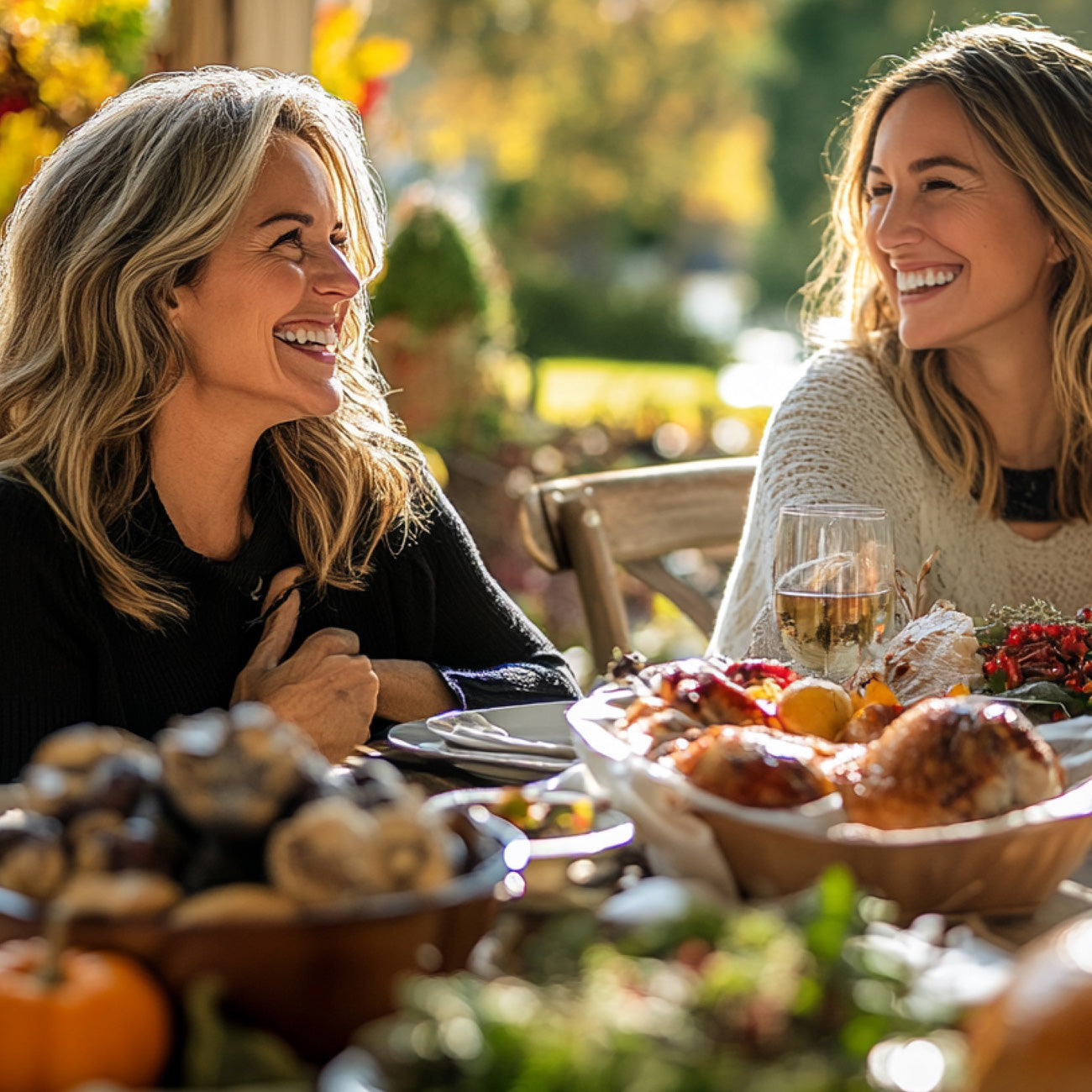2 Frauen sitzen am Tisch und geniessen das gemeinsame Essen