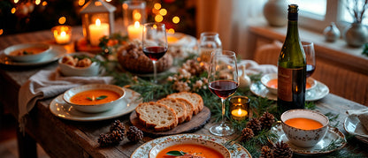 weihnachtlich gedeckter Tisch mit vielen Kerszen Brot, wein und Kürbissuppe