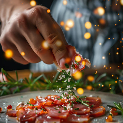 auf einem Teller wird ein Carpaccio zubereitet